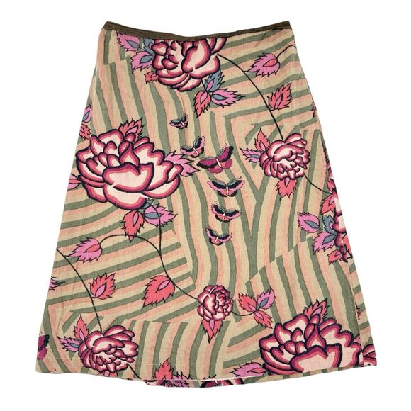 Anthropologie Elevenses Y2K Midi Skirt Size 2 Tan Pink Floral Butterfly Striped - Picture 1 of 8